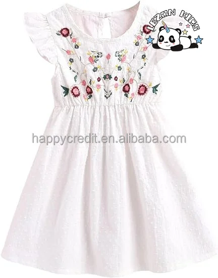 LEZONKIDS - Vestido personalizável com bordado floral e manga franzida de cintura alta para meninas